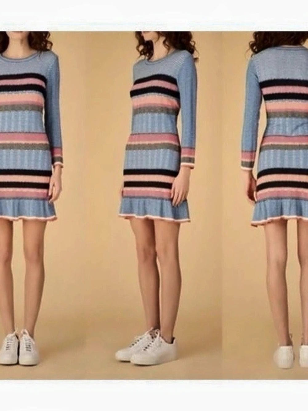 Tanya Taylor Beta Knit Dress Long Sleeve Chevron Stripe Flounce Hem Size Small